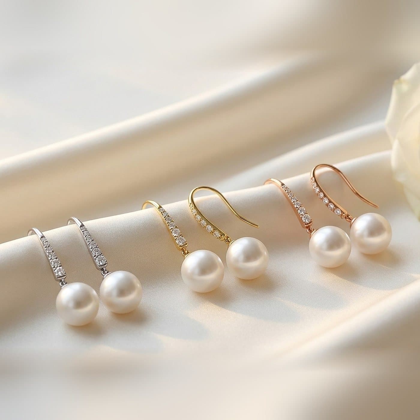 Cultured South Sea pearl drop earrings in white, yellow and rose gold on ivory silk